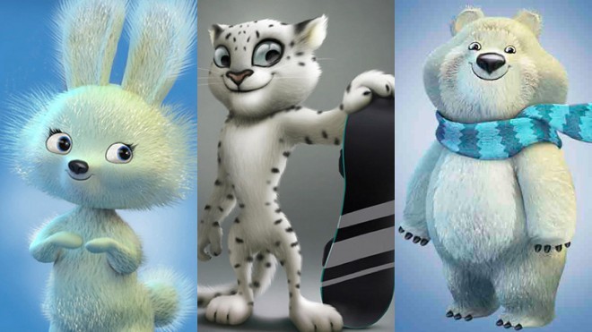 4. De mascottes van de OI Soči 2014 zijn een geanimeerde ijsbeer, een konijn en een sneeuwluipaard.