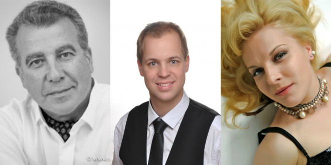 Priznani operni pevci Marcos Fink (Sarastro), Martin Sušnik (Tamino) in Petya Ivanova (Kraljica noči).