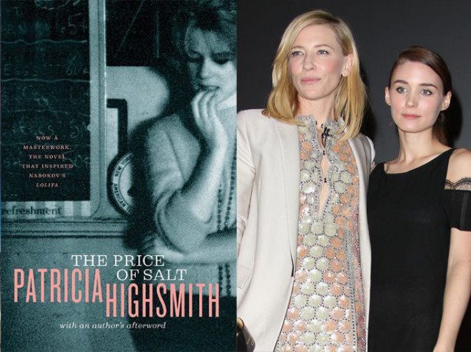 The book The Price of Salt and the actors in the upcoming film adaptation Cate Blanchett and Rooney Mara.