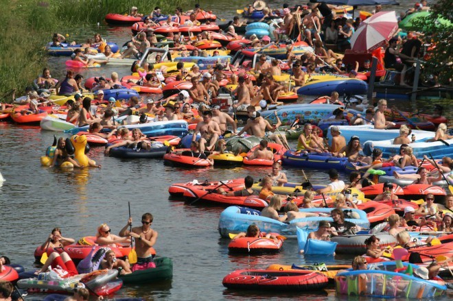 Beer drinking festival on inflatable boats, Finland