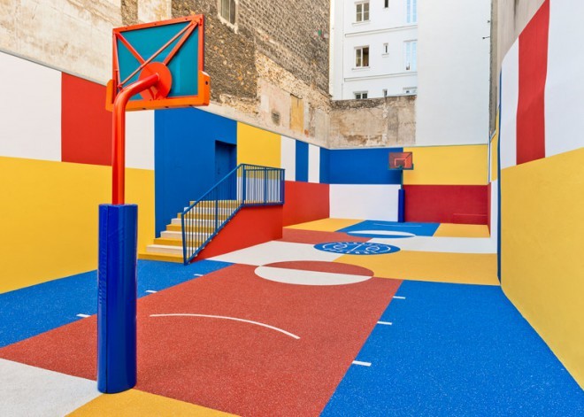 A basketball court that looks like something out of a cartoon.