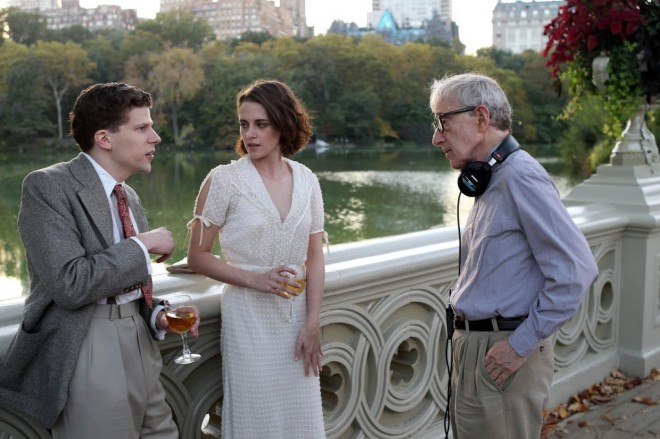 Kristen Stewart, Jesse Eisenberg and Woody Allen during filming.