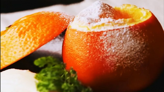 Orange souffle in orange peel will not disappoint you.