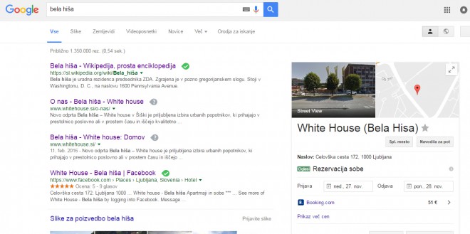 V Googlov iskalnik vpišite Bela hiša in po vsej verjetnosti bo takšen tudi vaš rezultat.