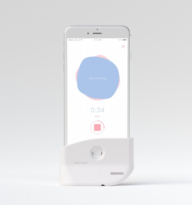 Dette er Shell, en lille gadget og mobilapp, der giver dig mulighed for at lytte til hjerteslag fra en ufødt baby. 