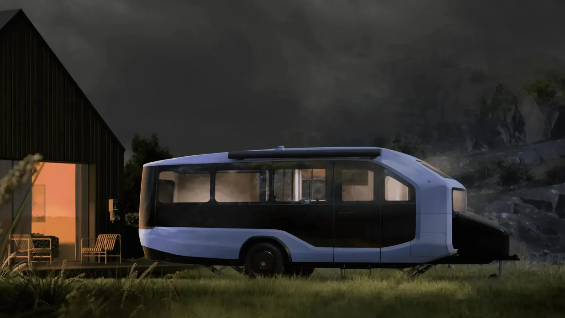 Camping prikolica Pebble Flow je futuristična camping prikolica iz prihodnosti, ki se sama parkira