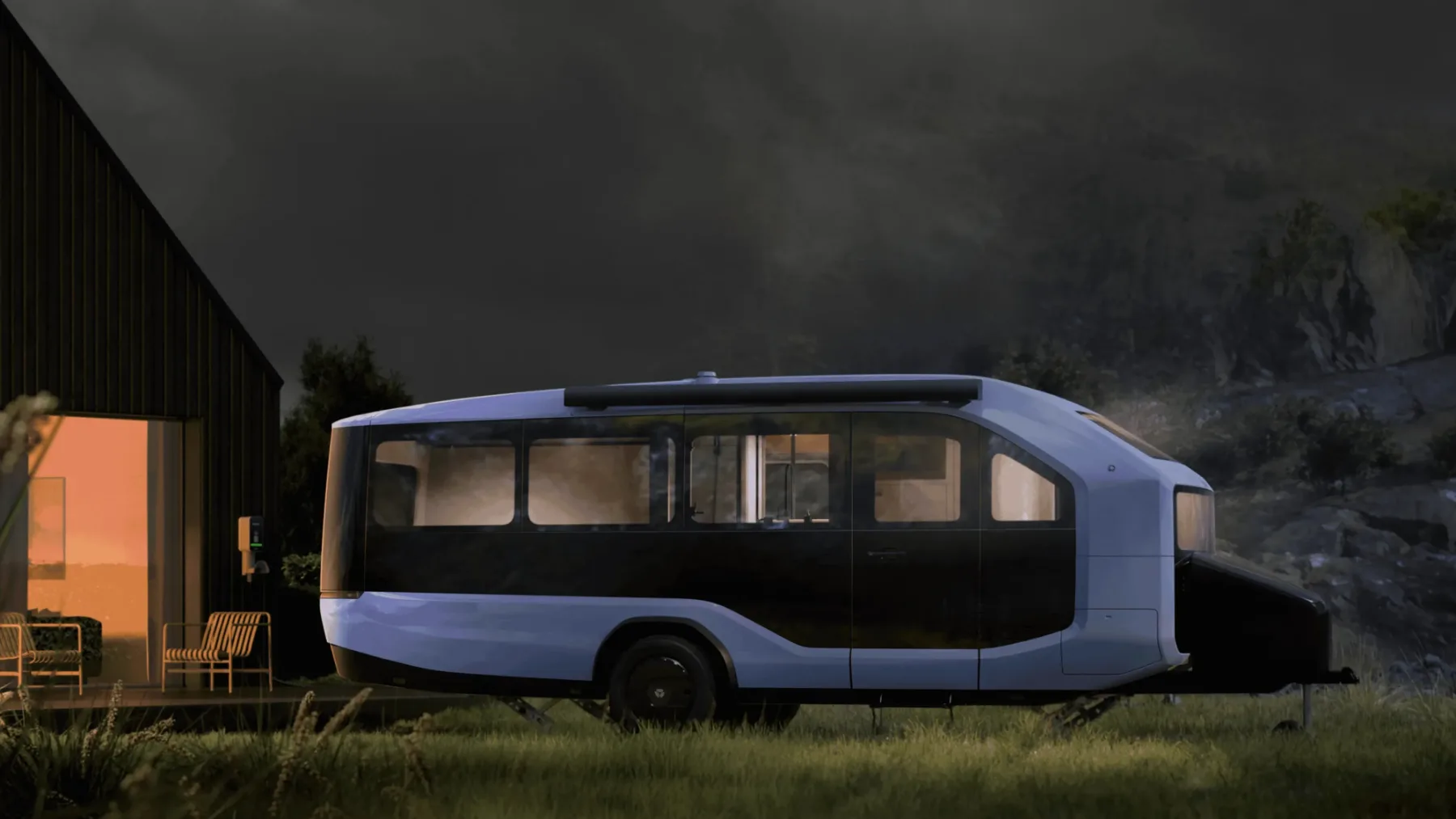 Camping prikolica Pebble Flow je futuristična camping prikolica iz prihodnosti, ki se sama parkira