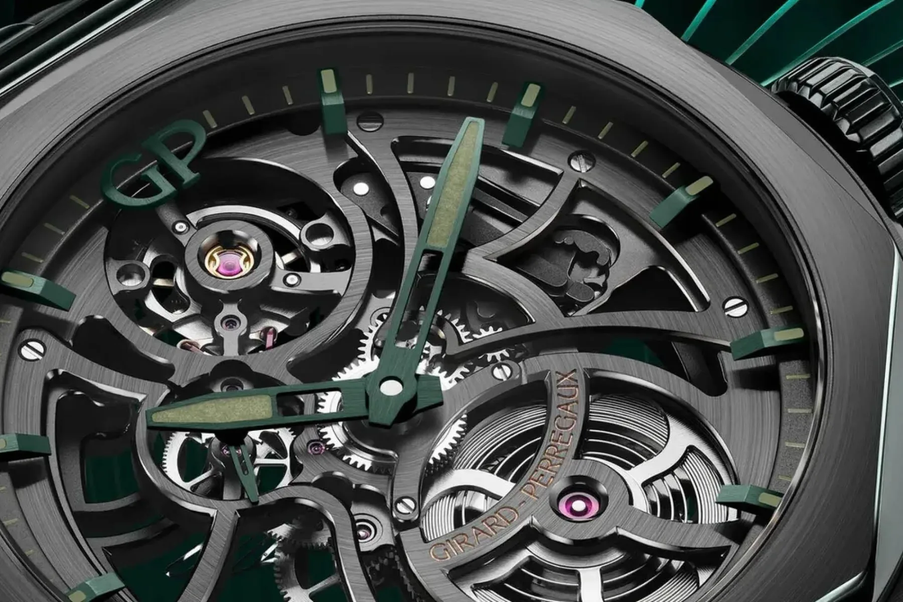 Girard‑Perregaux x Aston Martin Laureato Skeleton: črna keramika, britansko zeleno in 55 notranjih kotov