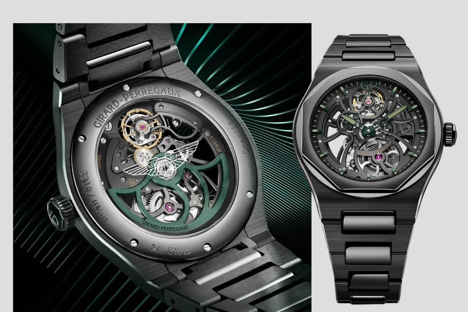 Girard‑Perregaux x Aston Martin Laureato Skeleton: črna keramika, britansko zeleno in 55 notranjih kotov