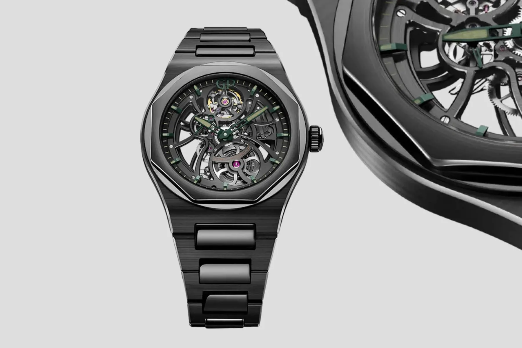 Girard‑Perregaux x Aston Martin Laureato Skeleton: črna keramika, britansko zeleno in 55 notranjih kotov
