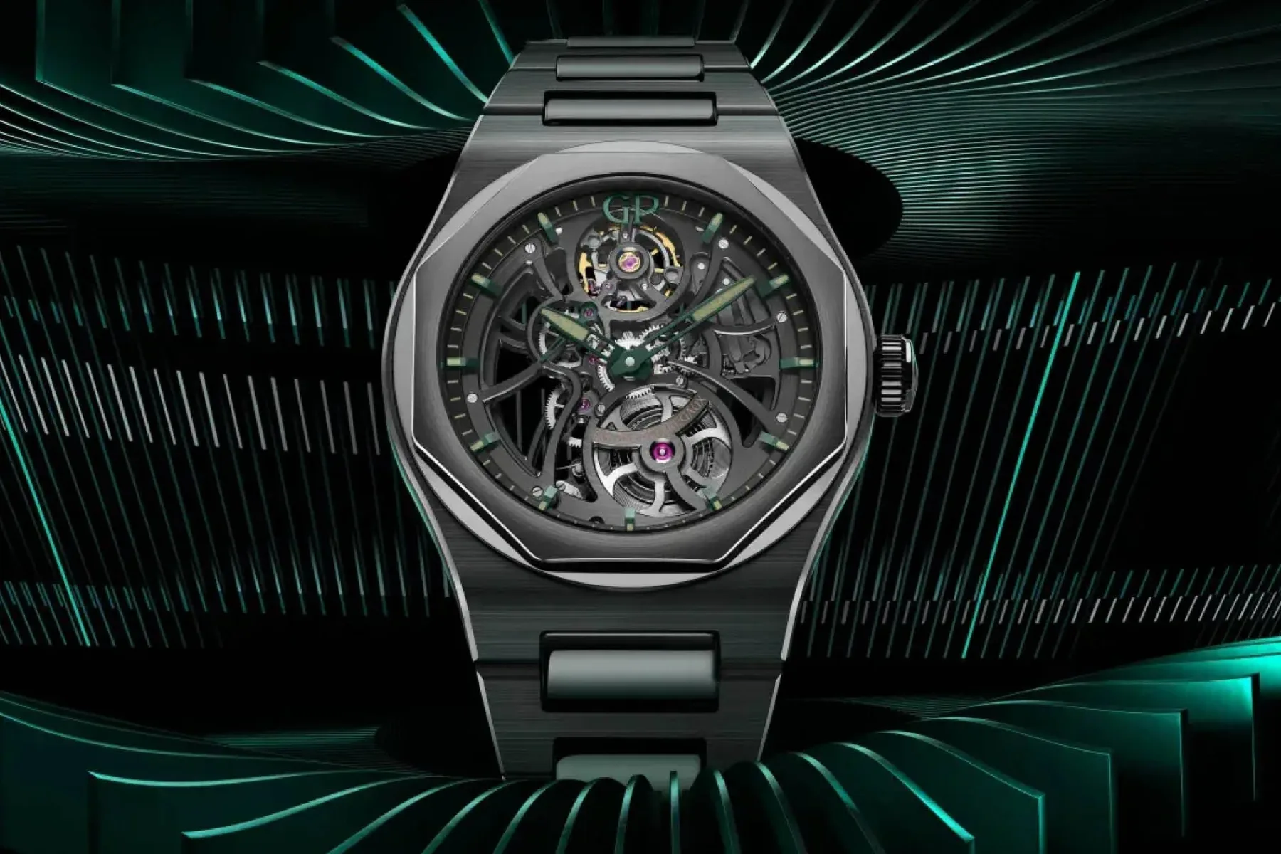 Girard‑Perregaux x Aston Martin Laureato Skeleton: črna keramika, britansko zeleno in 55 notranjih kotov