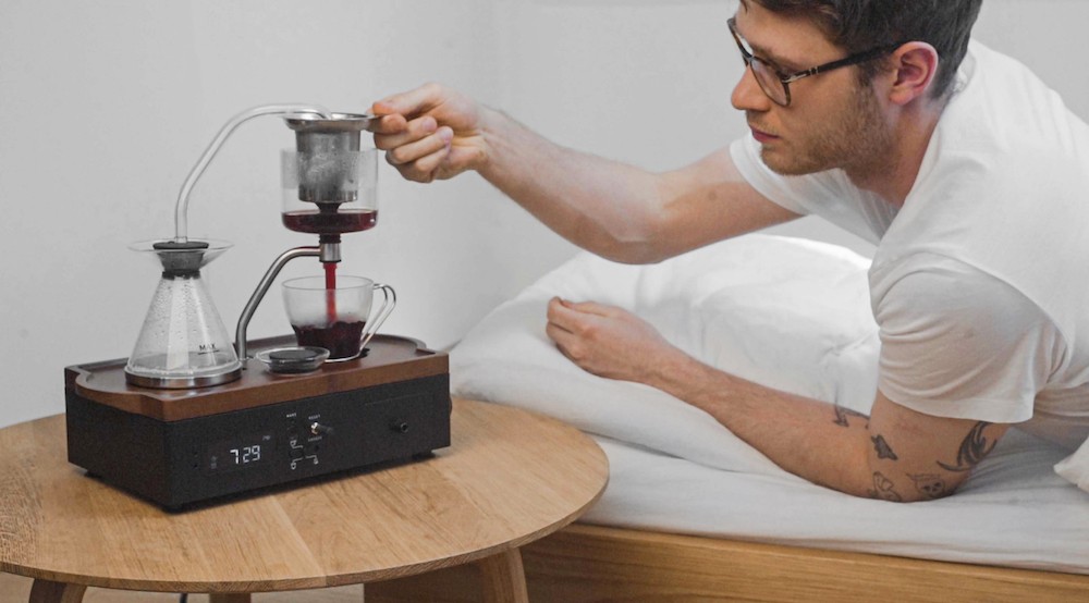 Barisieur 2.0: an alarm clock that makes us coffee or tea and wirelessly  charges the device.