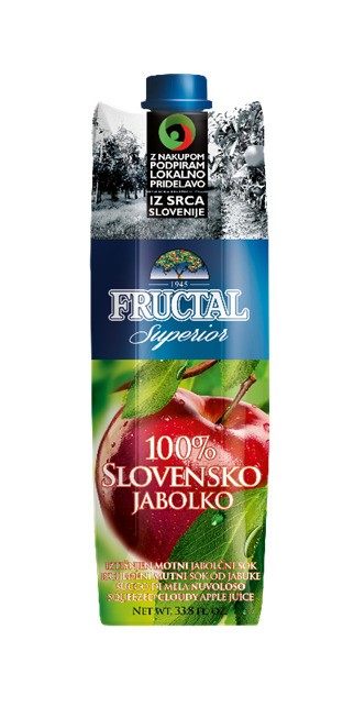 Fructal Superior, 100% Slovensko jabolko - sveže stisnjen sok, ki ni filtriran in je pripravljen izključno iz slovenskih jabolk.