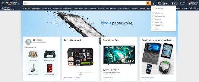 Amazon Slovenija sicer še ne obstaja, lahko pa kupujemo na primer na nemškem, kjer lahko brez skrbi brskamo tudi v angleščini.